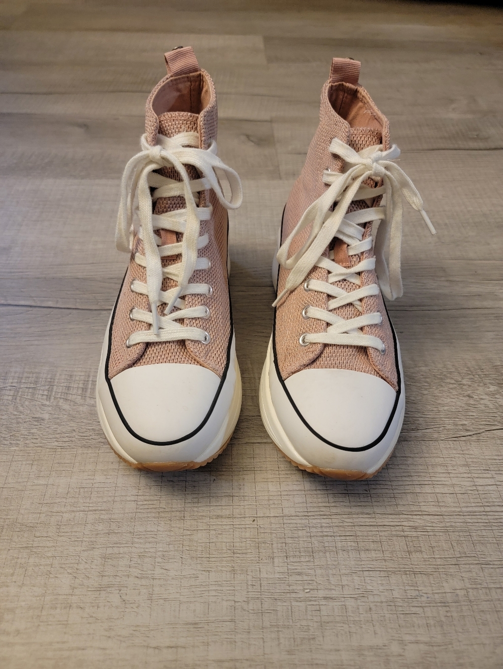 Knit High-Top Lace-Up Sneakers in Blush Pink